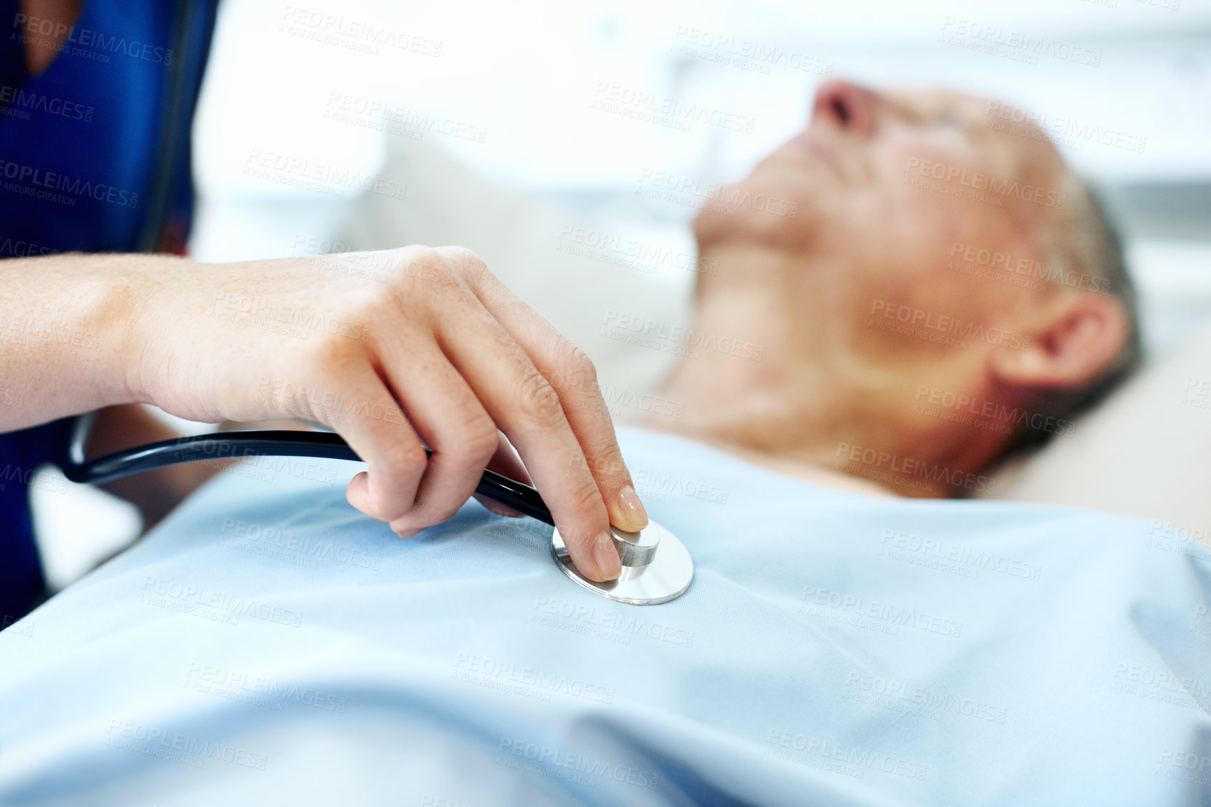 Buy stock photo Stethoscope, hospital and hands of nurse with person for check up, exam and medical service for wellness. Healthcare, listen and woman with senior patient for heartbeat, breathing and consulting