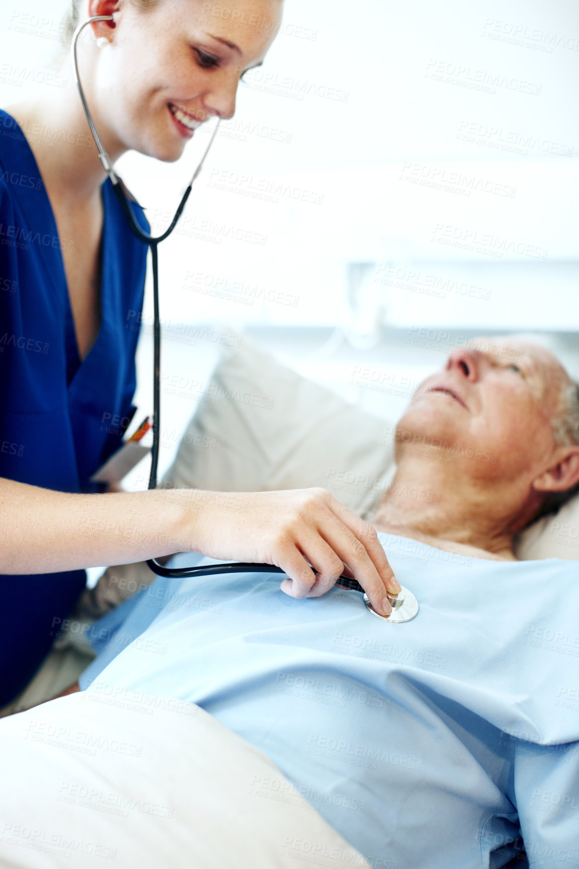 Buy stock photo Stethoscope, hospital bed and nurse with senior man for check up, exam and medical service for wellness. Healthcare, happy and woman with patient heartbeat, breath and consulting for surgery results