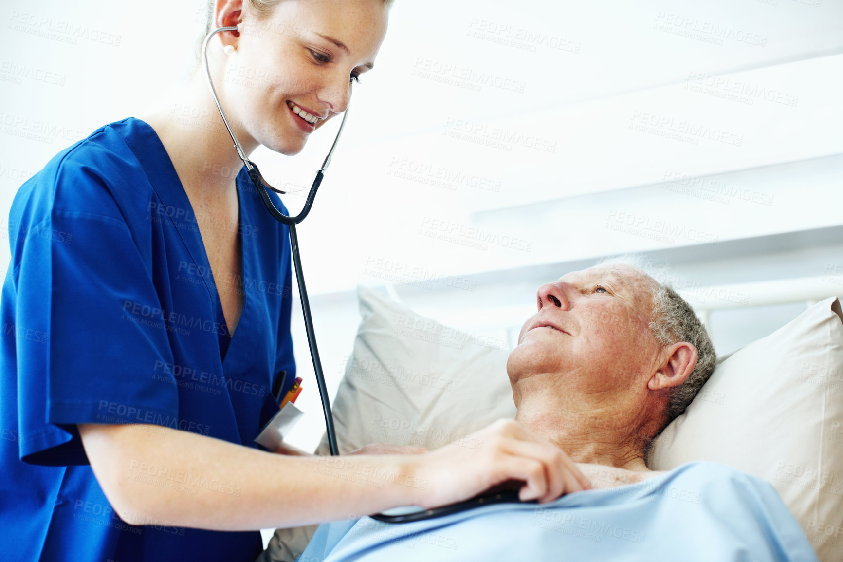 Buy stock photo Stethoscope, hospital and nurse with senior patient for check up, exam and medical service for wellness. Healthcare, happy and woman with man for heartbeat, breath and consulting for surgery results