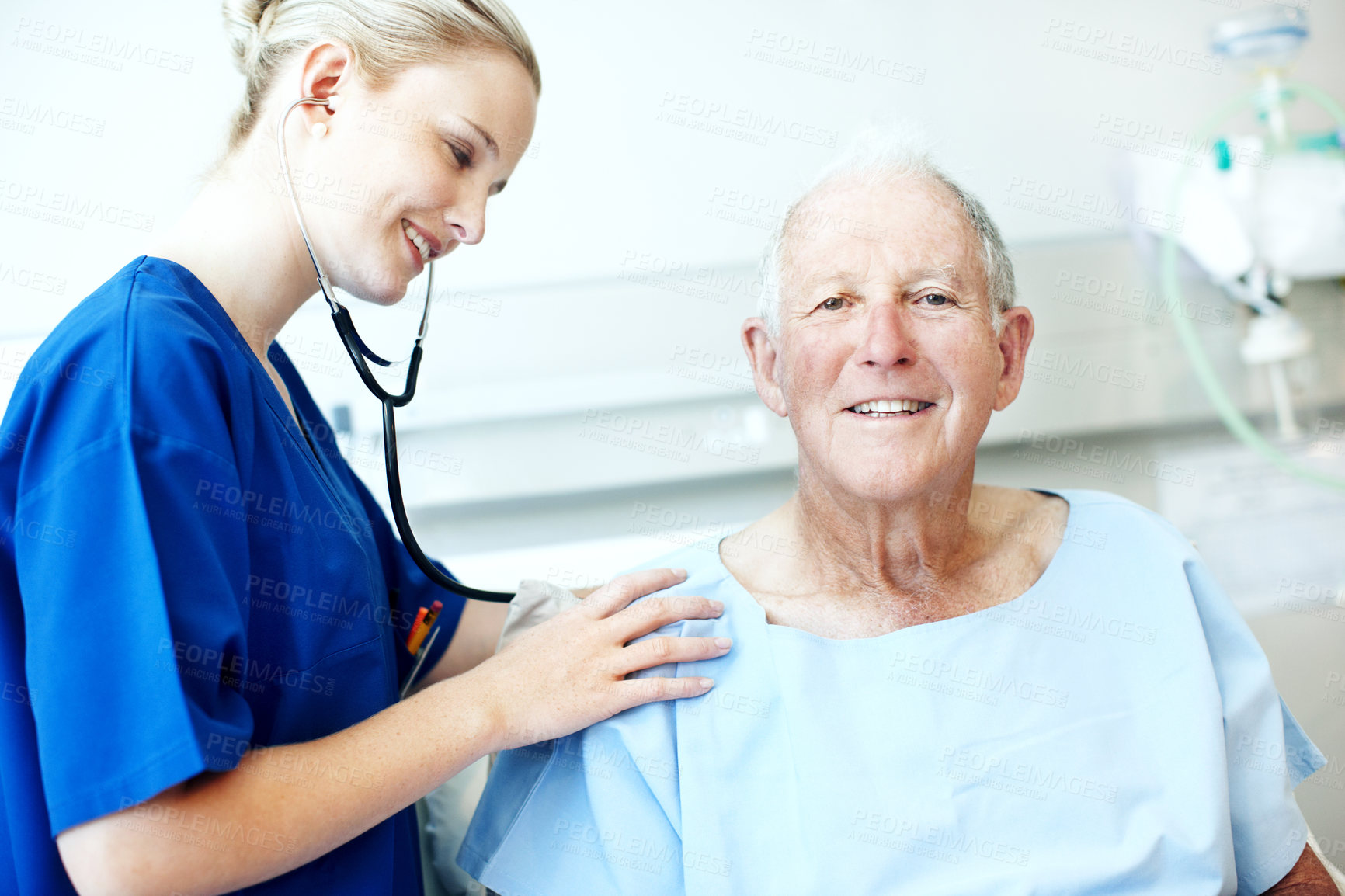 Buy stock photo Stethoscope, portrait and nurse with old man in hospital for check up, wellness and medical service. Healthcare, happy and woman with patient heartbeat, breathing and consulting for surgery results
