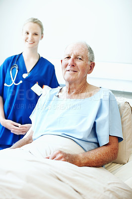Buy stock photo Portrait, nurse and help with old man in hospital bed for healthcare diagnosis, support and consulting. Medical recovery, rehabilitation and checkup with people in clinic for surgery procedure