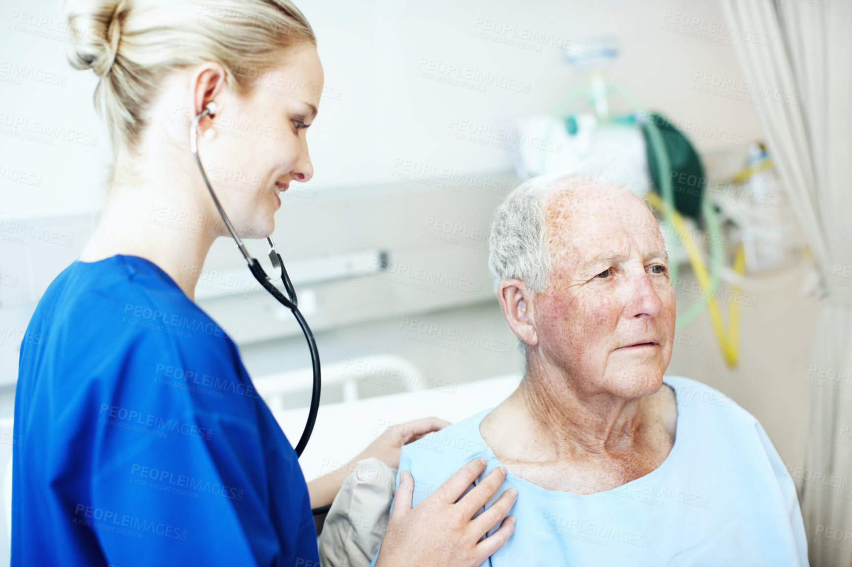 Buy stock photo Stethoscope, hospital and nurse with senior man for check up, exam and medical service for wellness. Healthcare, happy and woman with patient heartbeat, breathing and consulting for surgery results