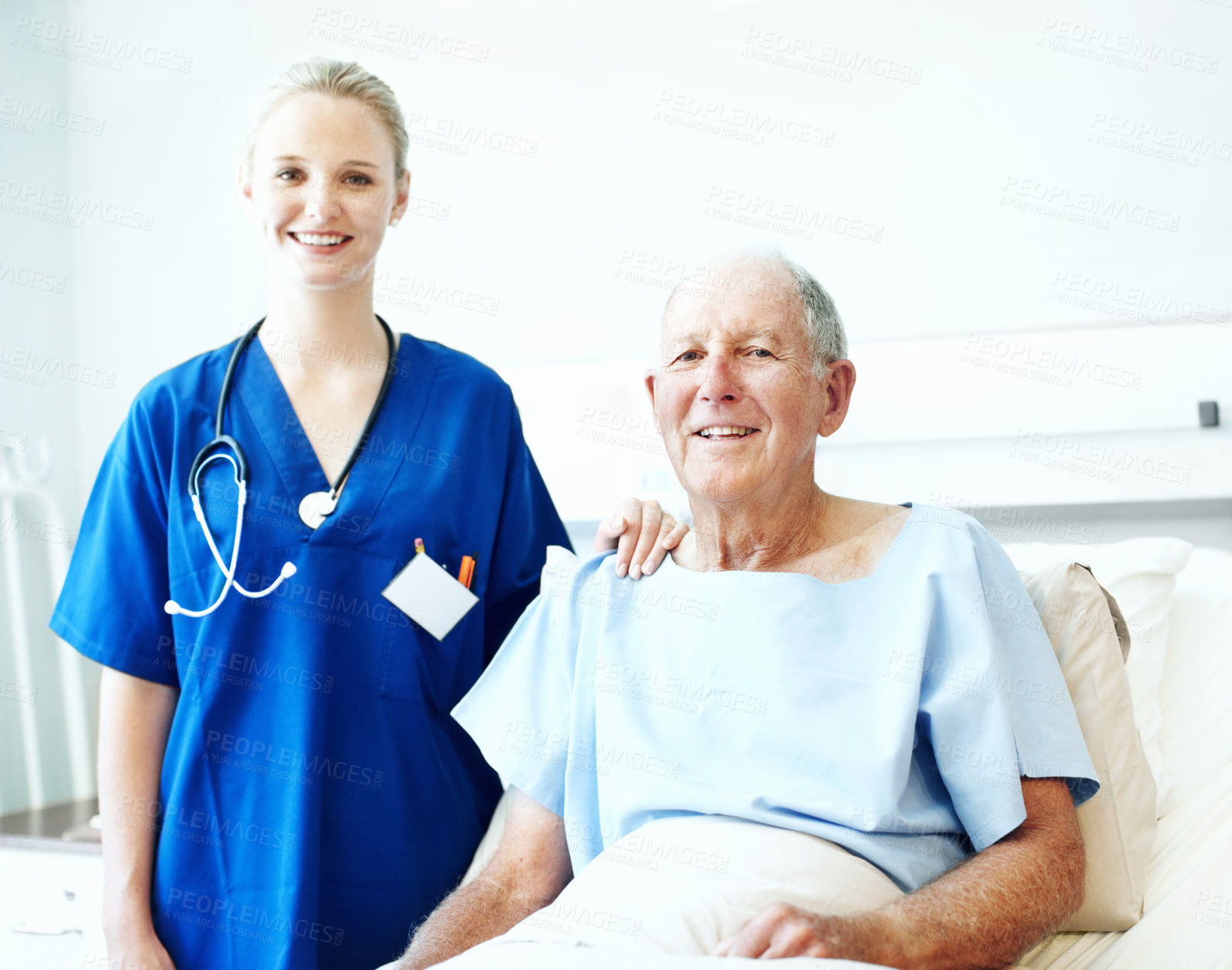 Buy stock photo Portrait, nurse and support with old man in hospital bed for healthcare diagnosis, help and consulting. Medical recovery, rehabilitation and checkup with people in clinic for surgery procedure