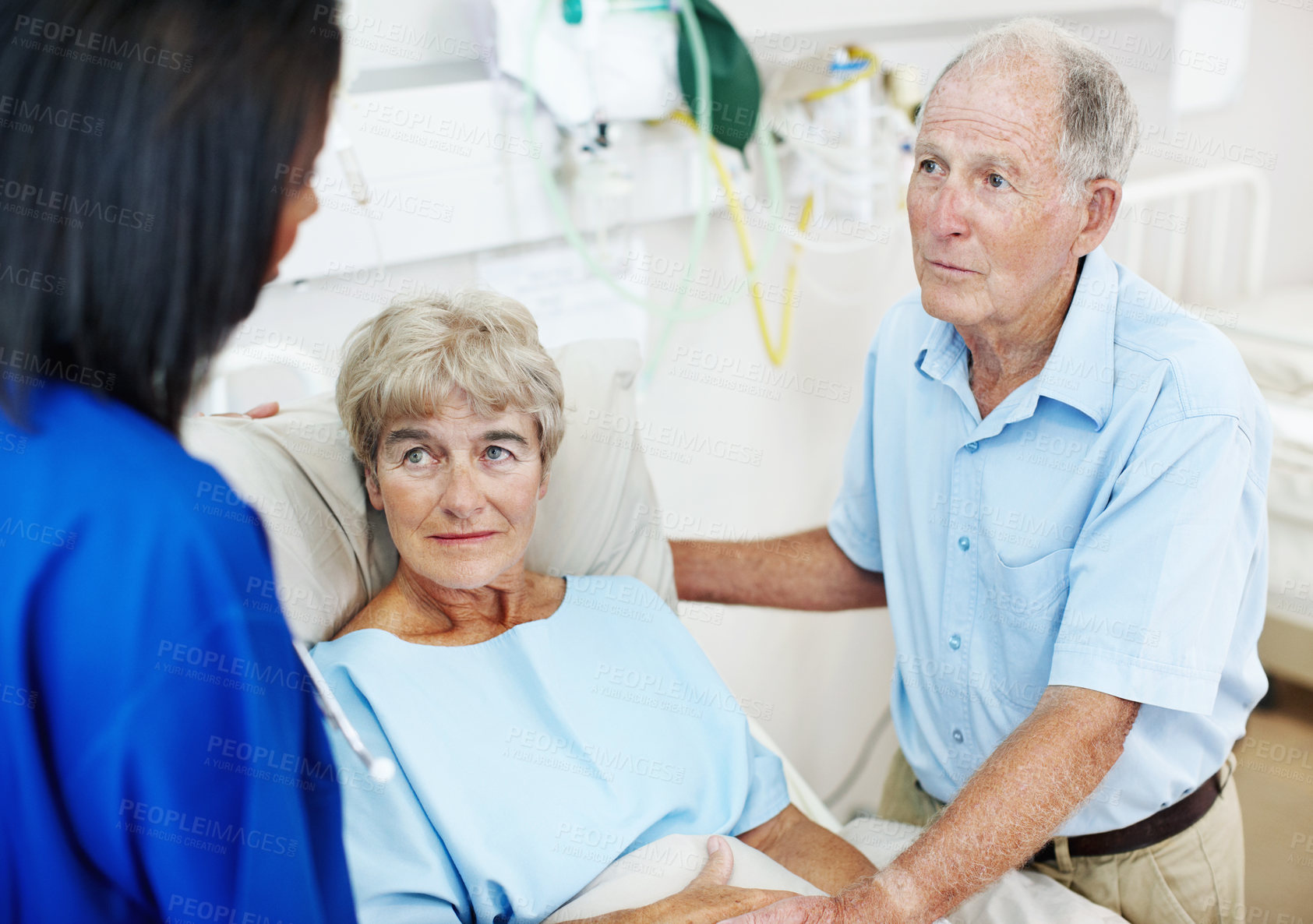 Buy stock photo Feedback, patient and nurse with old couple in hospital bed for medical advice, recovery progress and exam. Healthcare consulting, monitor vitals and diagnosis review with senior people in clinic