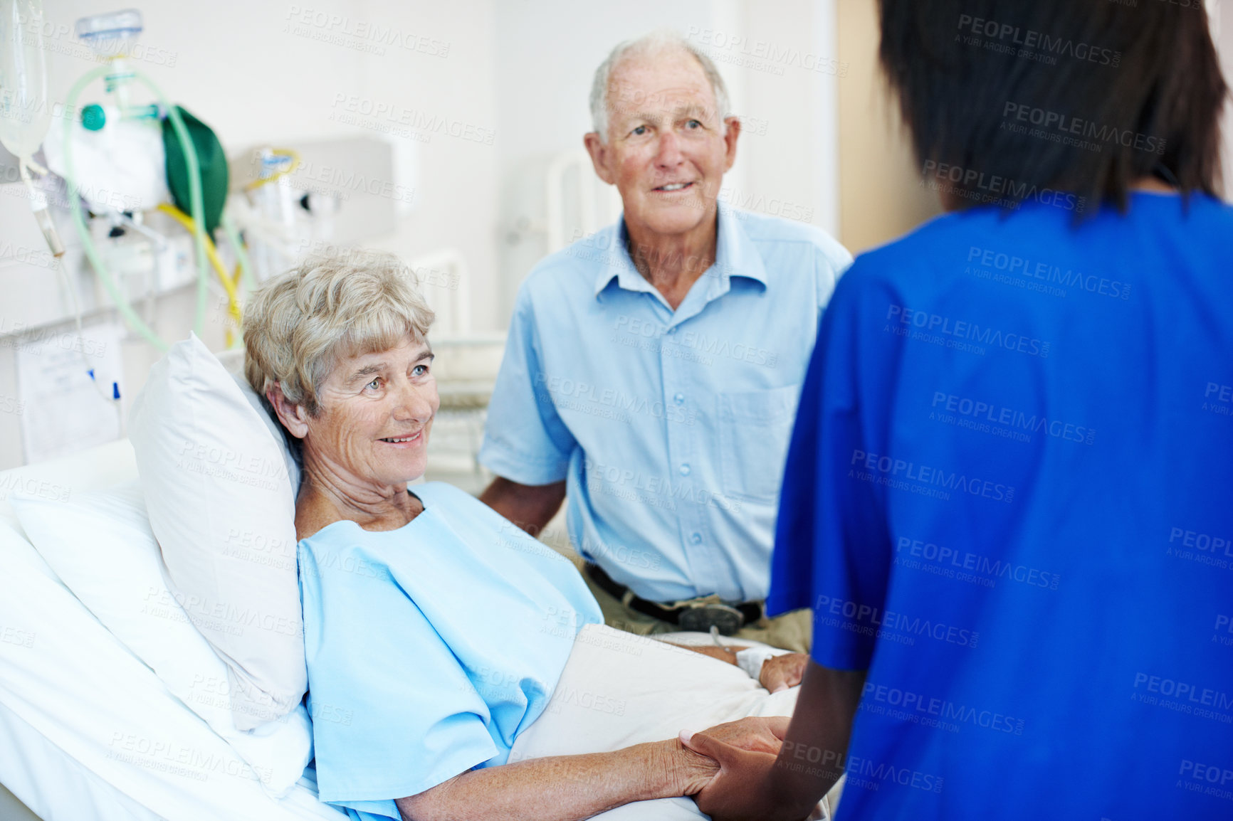 Buy stock photo Consulting, patient and nurse with old couple in hospital bed for medical advice, recovery progress and exam. Healthcare feedback, monitor vitals and diagnosis review with senior people in clinic