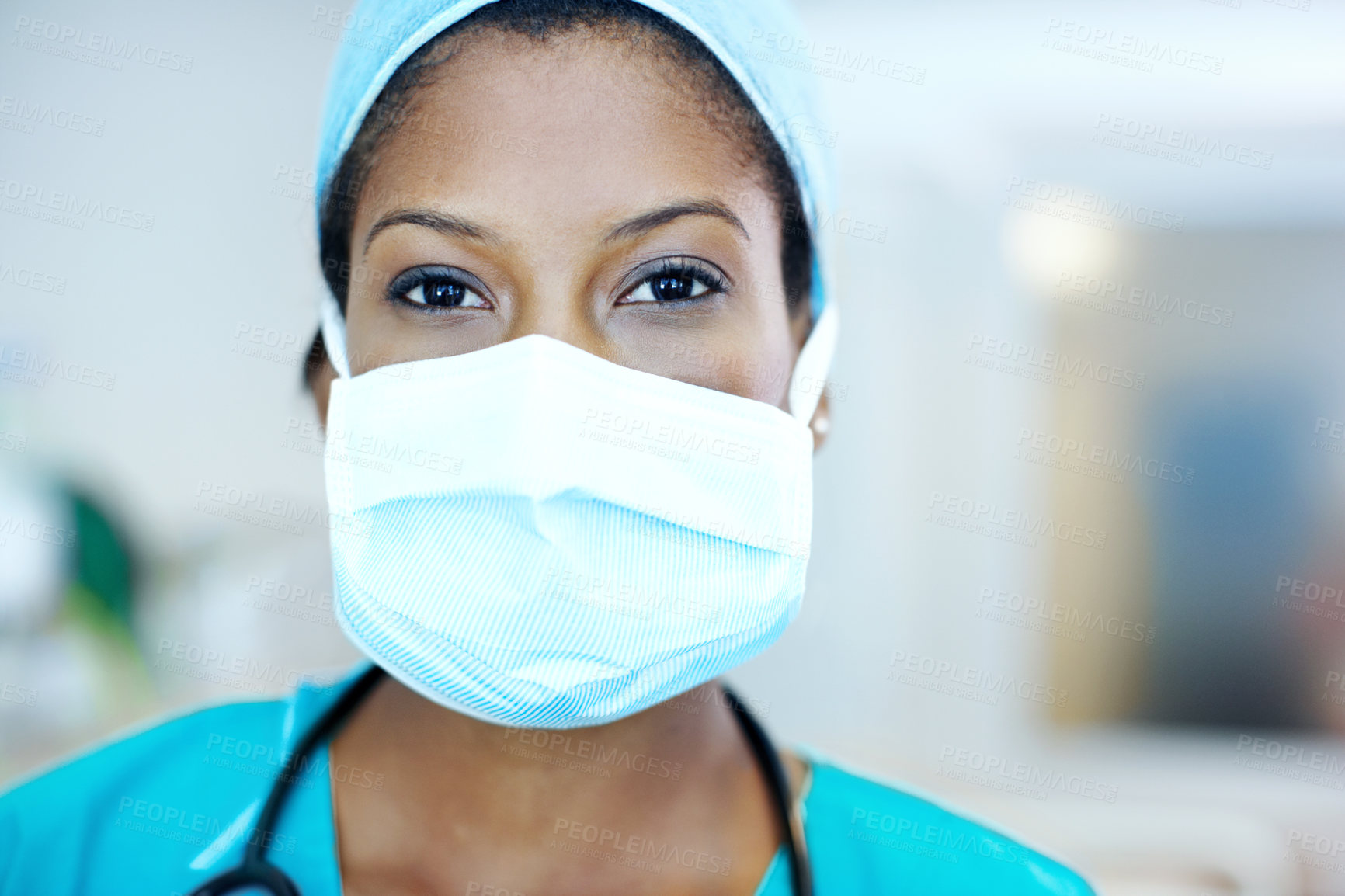 Buy stock photo Surgery, medical and portrait of woman in hospital for operation, emergency room and accident. Healthcare treatment, face mask and procedure with doctor in clinic for surgeon, career and help