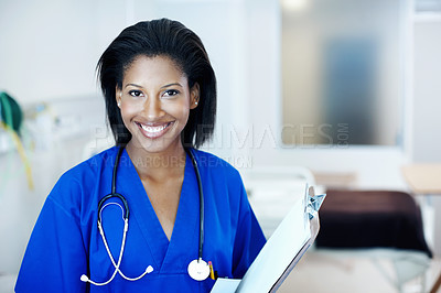 Buy stock photo Clipboard, healthcare and portrait of nurse in hospital for insurance, report or results. Friendly, paperwork and smile of confident black woman in clinic for medical career, trust or wellness