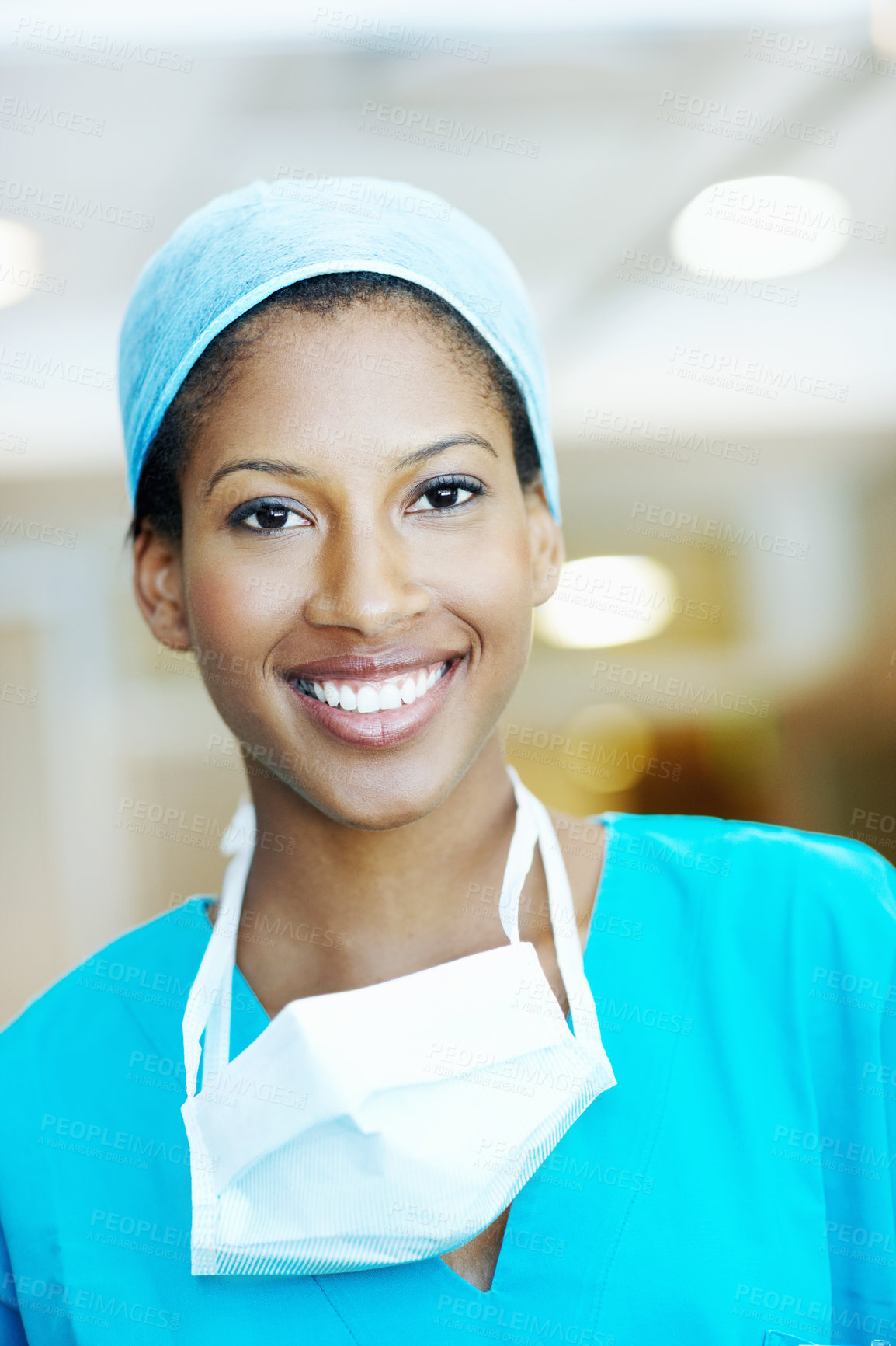 Buy stock photo Smile, medical and portrait of woman in hospital for operation expert, about us and accident. Healthcare treatment, confidence and procedure with African doctor in clinic for surgeon, career and help