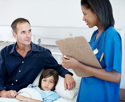 Buy stock photo Dad, child and checkup with nurse in hospital bed for medical test, diagnosis or exam together. Father, kid or patient with healthcare worker for clinic consultation, health results or treatment