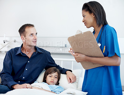 Buy stock photo Dad, child and listening with nurse in hospital bed for medical test, diagnosis or exam together. Father, kid or patient with healthcare worker for clinic checkup, health results or consultation