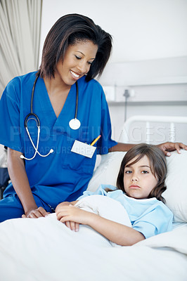 Buy stock photo Consultation, recovery and nurse with child in hospital for healthcare, support or treatment. Portrait, rest and pediatric worker with girl patient for medical checkup, appointment or rehabilitation.