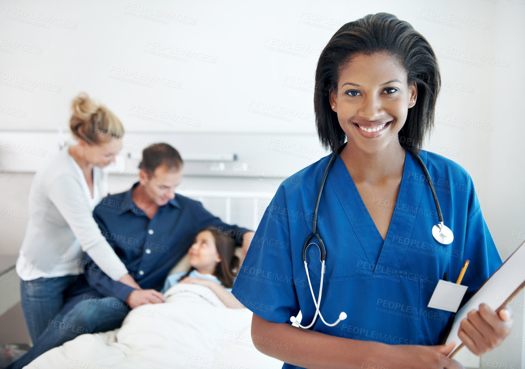 Buy stock photo Nurse, portrait and smile with girl in hospital for checkup, support or pediatrics on clipboard. Woman, family and paperwork in clinic for treatment, service and medical consulting or assessment