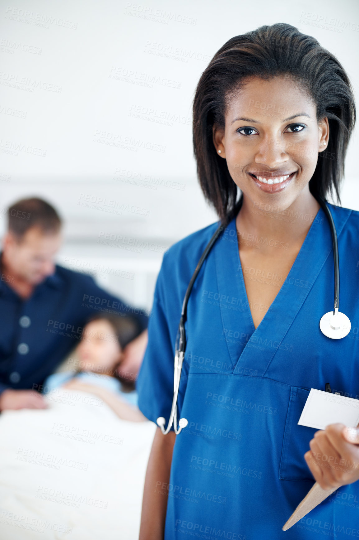 Buy stock photo Nurse, portrait and smile with patient in hospital for clipboard, support checkup or pediatrics. Woman, document and happy in family clinic for treatment, service and medical consulting or assessment