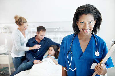 Buy stock photo Nurse, smile and family visit at hospital bed for checkup, support or pediatrics on clipboard. Professional, people or paperwork in clinic for sick child, portrait or medical consulting or assessment