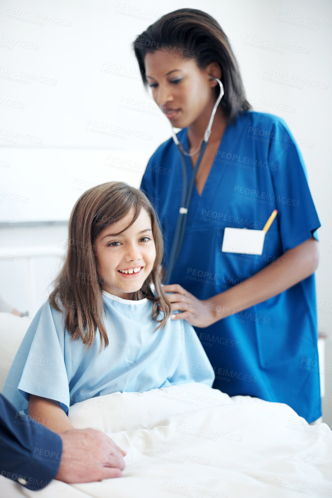 Buy stock photo Breathing, medical and stethoscope of nurse with child in hospital bed for examination or visit. Healthcare, lungs checkup and pediatrician with happy girl in clinic for appointment or assessment