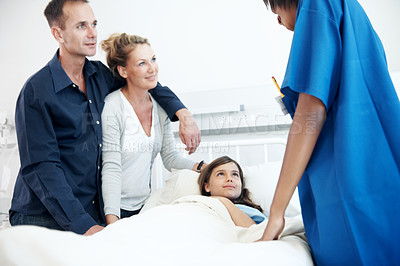 Buy stock photo Girl, parents and hospital bed with nurse for support, immune system recovery or pediatrics. Child, diagnosis facility and family in clinic for treatment, service and medical consulting or assessment