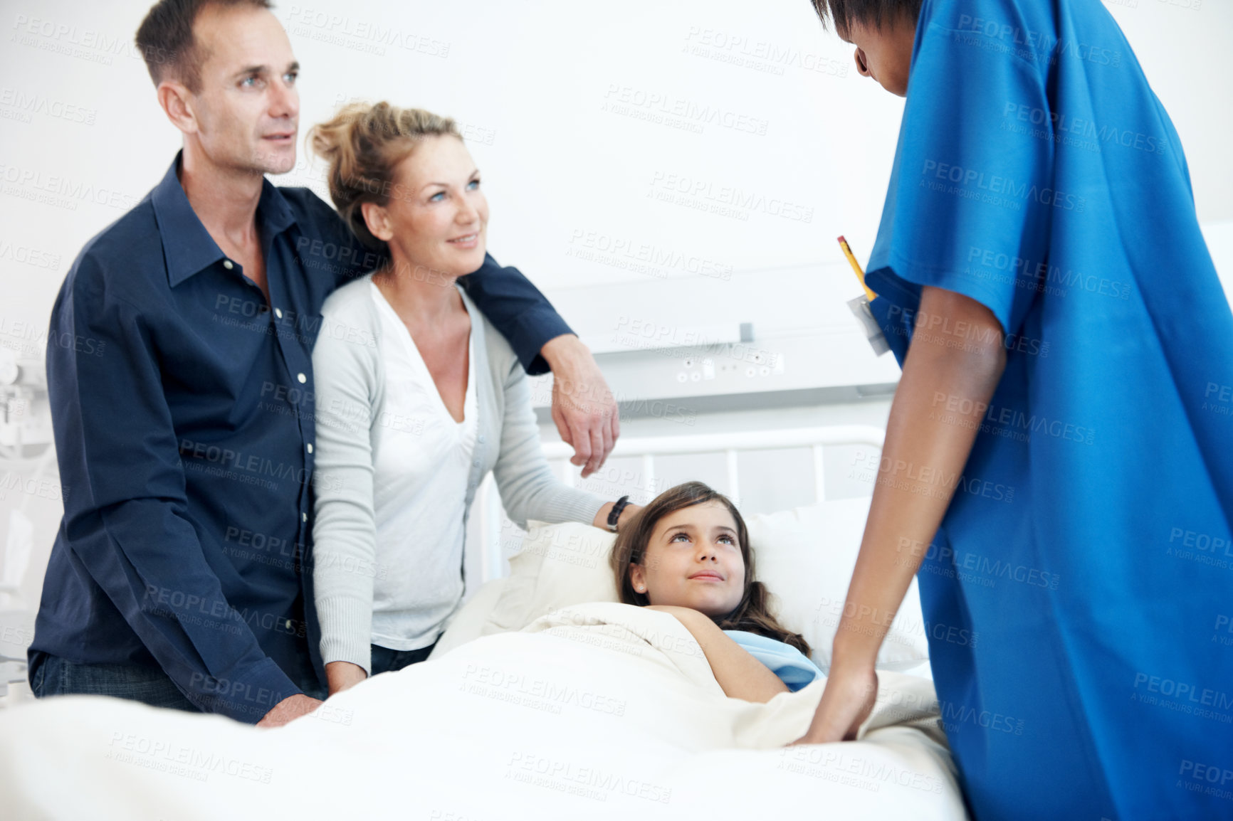 Buy stock photo Girl, parents and hospital bed with nurse for support, immune system recovery or pediatrics. Child, diagnosis facility and family in clinic for treatment, service and medical consulting or assessment