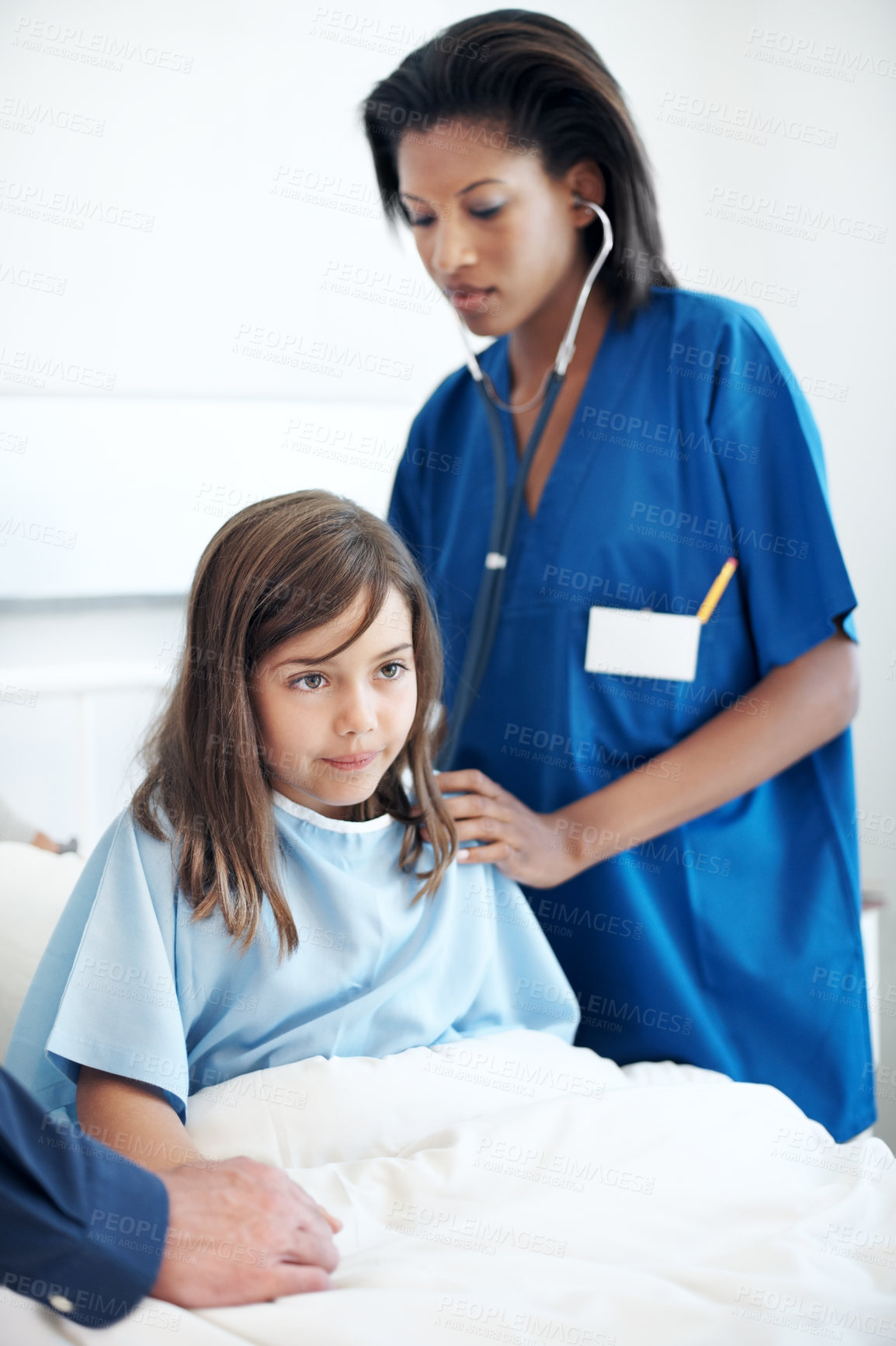 Buy stock photo Breathing, healthcare and stethoscope of nurse with child in hospital bed for examination or visit. Listening, lungs checkup and pediatrician with girl in clinic for appointment or medical assessment