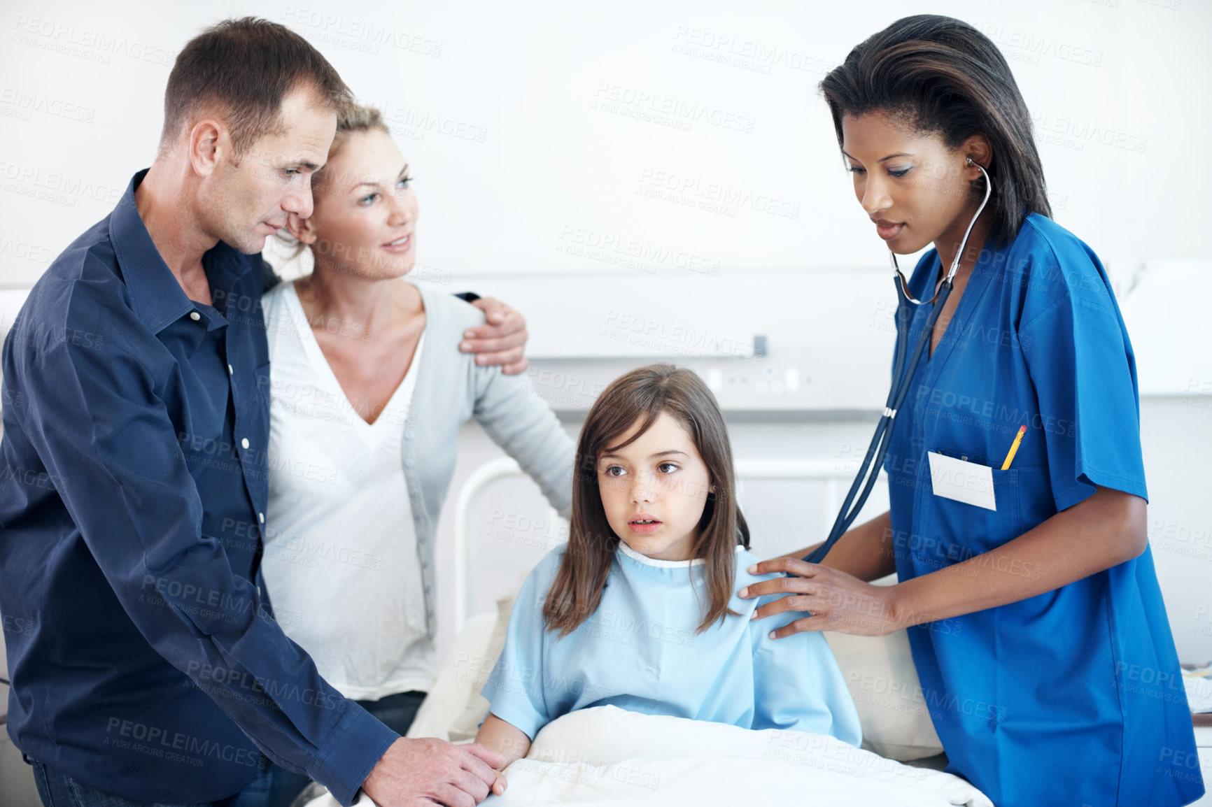 Buy stock photo Child, parents and nurse with stethoscope in hospital for breathing, support or pediatrics. Girl, lung inspection and family in clinic for treatment test, service and medical consulting or assessment