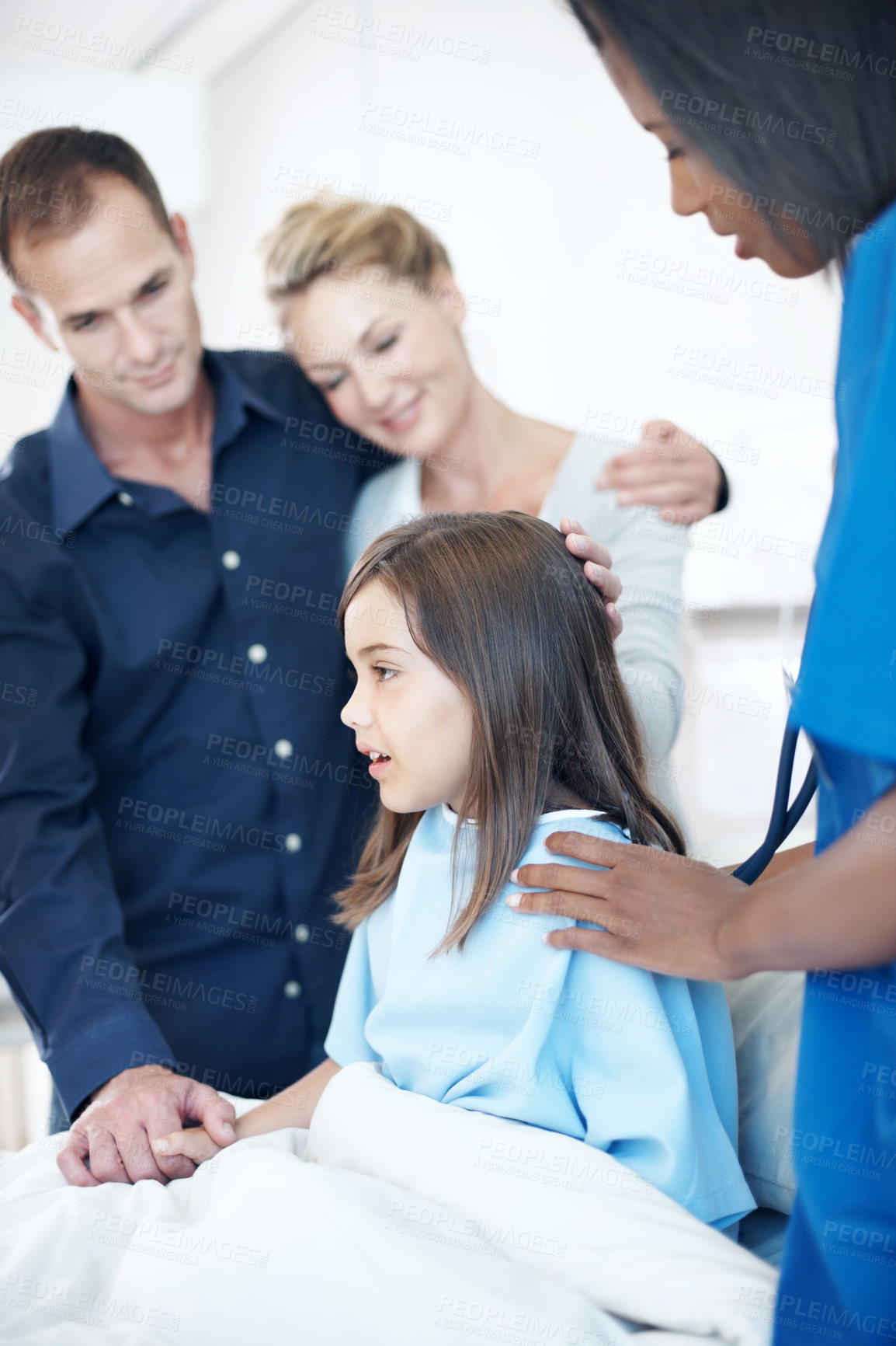Buy stock photo Girl, parents and nurse with stethoscope in hospital bed for heart rate, support or pediatrics. Child, cardiology exam and family in clinic for treatment, service and medical consulting or assessment