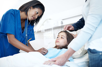 Buy stock photo Nurse, child and listening with heart beat in hospital bed for medical checkup, diagnosis or exam. Woman, healthcare worker or health assessment with parent, patient or kid for clinic test or results