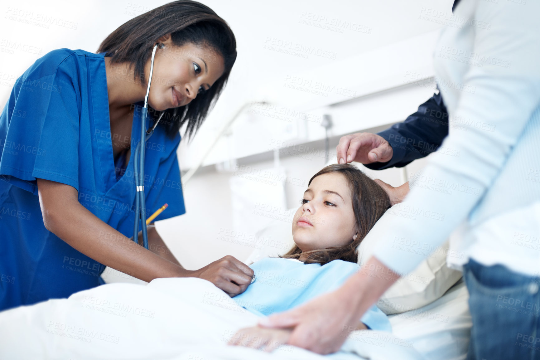 Buy stock photo Nurse, child and listening with heart beat in hospital bed for medical checkup, diagnosis or exam. Woman, healthcare worker or health assessment with parent, patient or kid for clinic test or results