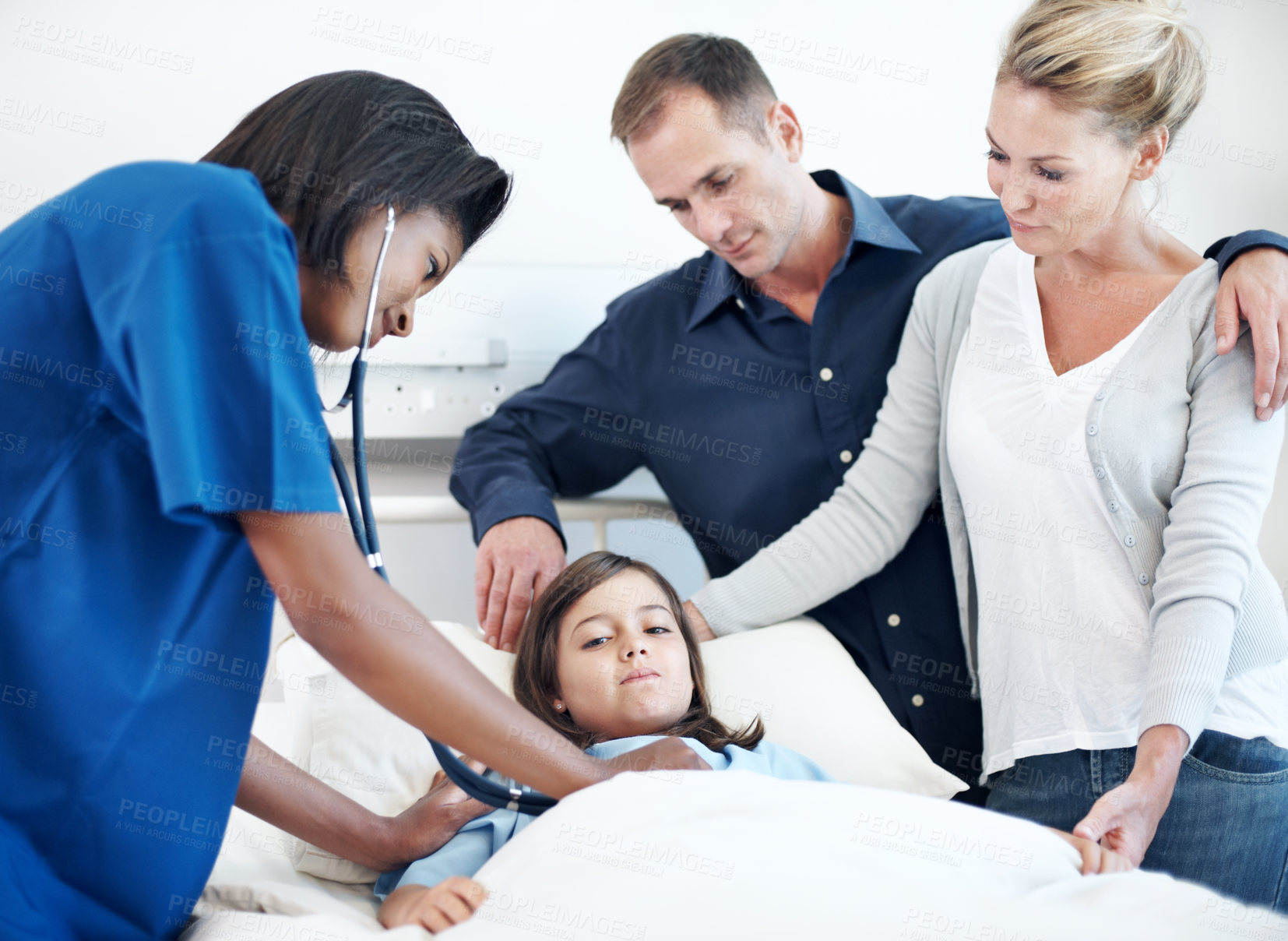 Buy stock photo Parents, nurse and stethoscope in hospital with child, breathing and heartbeat for diagnosis. Portrait, pediatrician checkup and listen to lung sounds with kid, family support or healthcare treatment