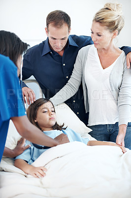Buy stock photo Kid, parents and nurse with stethoscope in hospital bed for heart checkup, healthcare or assessment. Mother, father and pediatrician with girl for cardiology test, lung wellness or medical care