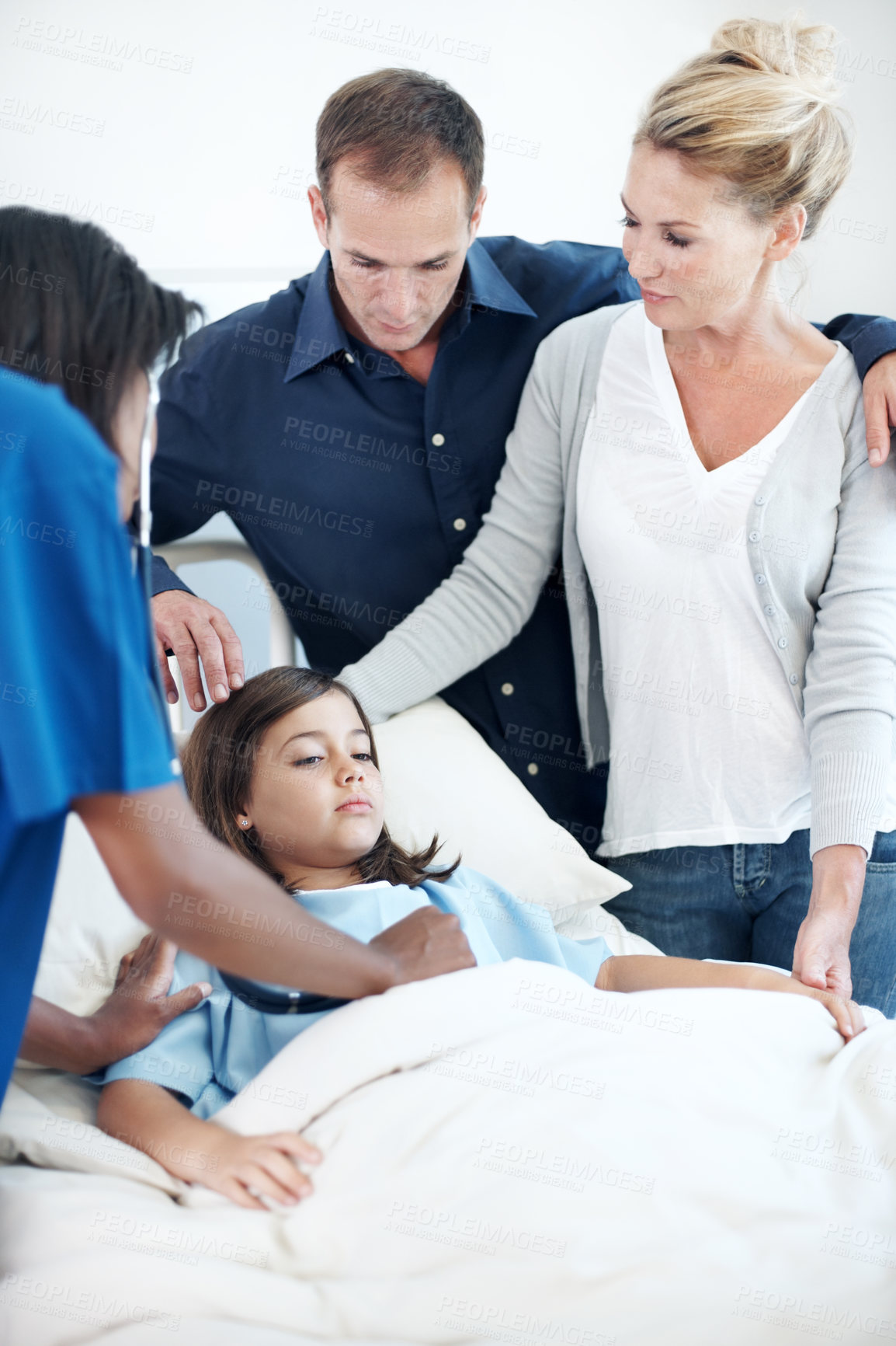 Buy stock photo Kid, parents and nurse with stethoscope in hospital bed for heart checkup, healthcare or assessment. Mother, father and pediatrician with girl for cardiology test, lung wellness or medical care