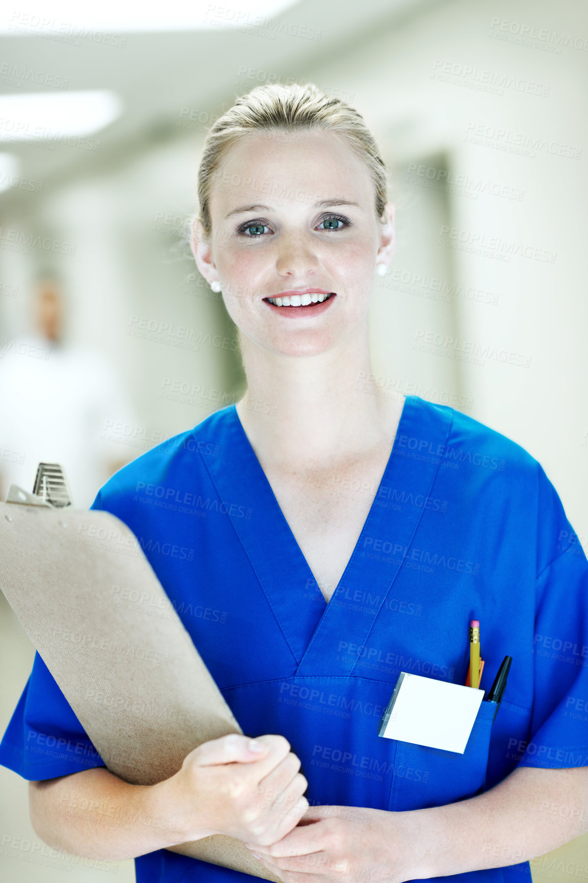 Buy stock photo Portrait, woman and nursing student with clipboard for medical records, internship and job in clinic. Happy, person and healthcare intern in hospital with checklist, skills or pride for career growth