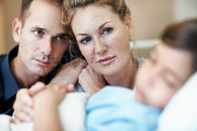 Buy stock photo Medical, parents or girl on hospital bed with worry, empathy or emotional support with surgery fear. Healthcare, child or family with concern, connection or diagnosis anxiety with patient procedure.