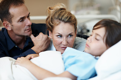Buy stock photo Worried, parents and visit sick child in hospital bed with love, support or hope for disease recovery. Mother, father and daughter sleeping in medical clinic with virus, fear and concern for healing.