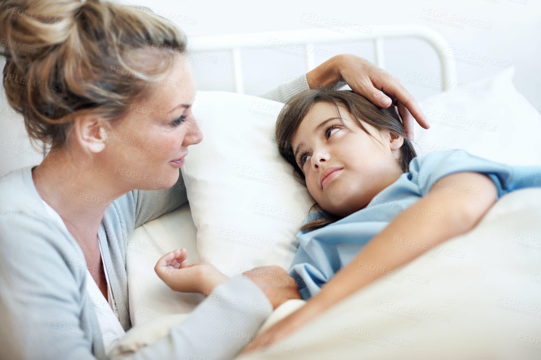Buy stock photo Support, mother or child on hospital bed with smile, bonding or parent empathy in medical recovery. Healthcare, girl or mom with loving moment, family connection or patient comfort in post surgery.