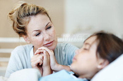 Buy stock photo Worry, mom or girl on hospital bed with holding hands, empathy or family fear for medical surgery. Health, sick child or mother with support, parent concern or diagnosis anxiety in patient procedure.