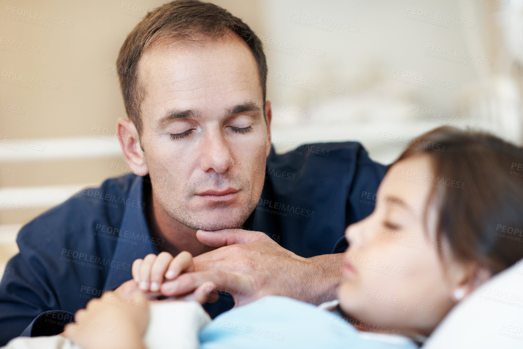 Buy stock photo Sick child, hospital bed and father with prayer, holding hands and support for healing with healthcare. Illness, girl and parent praying in clinic for comfort, faith and hope for medical recovery