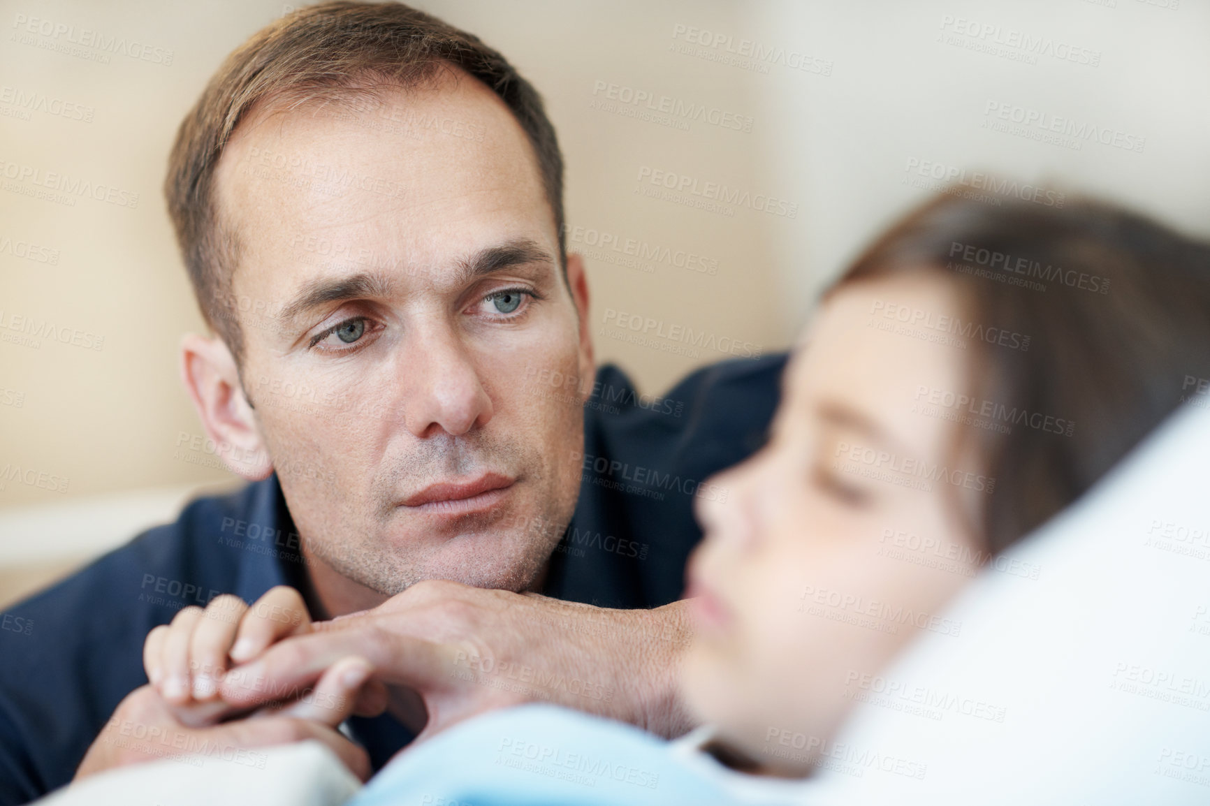 Buy stock photo Worry, dad or girl on hospital bed with holding hands, empathy or family stress in surgery fear. Health, sick child or father with support, parent concern or diagnosis anxiety in patient procedure.