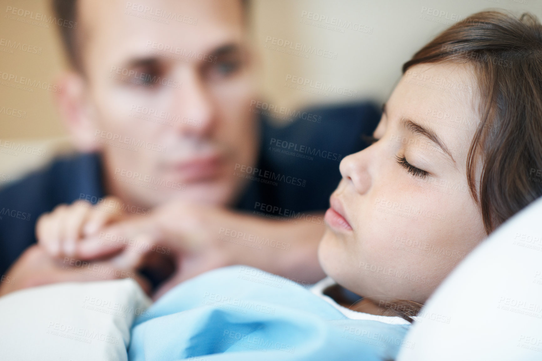 Buy stock photo Sick child, hospital bed and father with care, sleeping and support for healing with healthcare. Illness, girl and parent in pediatric clinic for comfort, holding hands and hope for medical recovery