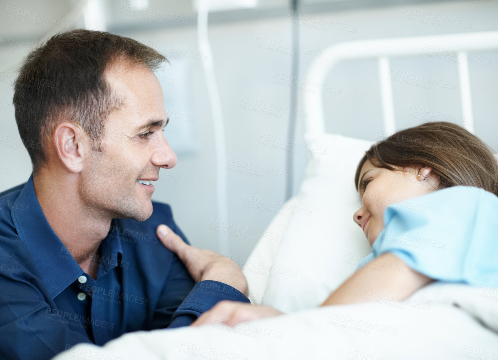 Buy stock photo Support, dad or child on hospital bed with smile, bonding or parent empathy in medical recovery. Healthcare, girl and father with loving moment, family connection or patient comfort in post surgery.