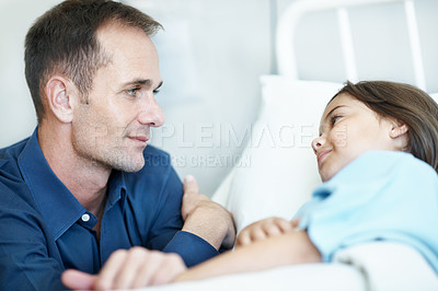 Buy stock photo Father, child and visit in hospital bed with support, empathy and monitor for disease rehabilitation. Man, sick daughter and compassion in medical clinic for infection, healing and recovery process.