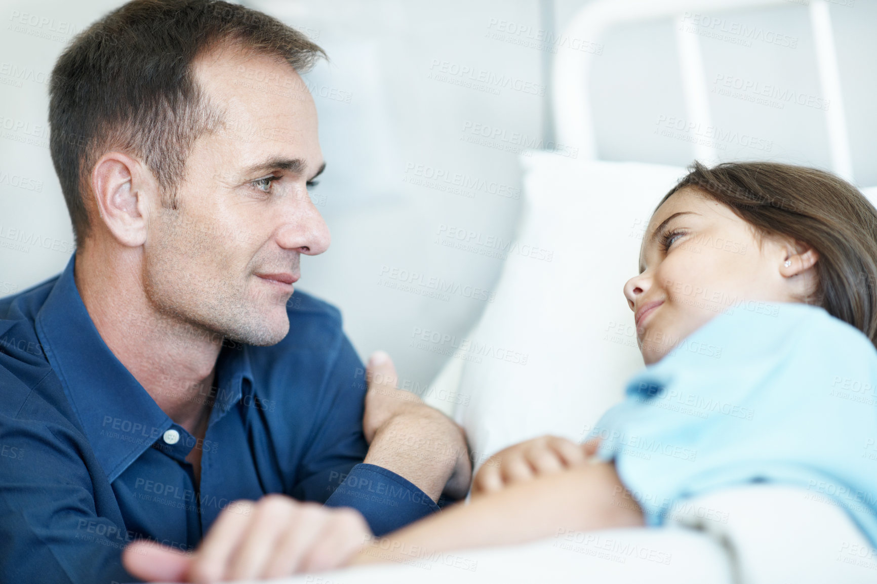 Buy stock photo Father, child and visit in hospital bed with support, empathy and monitor for disease rehabilitation. Man, sick daughter and compassion in medical clinic for infection, healing and recovery process.