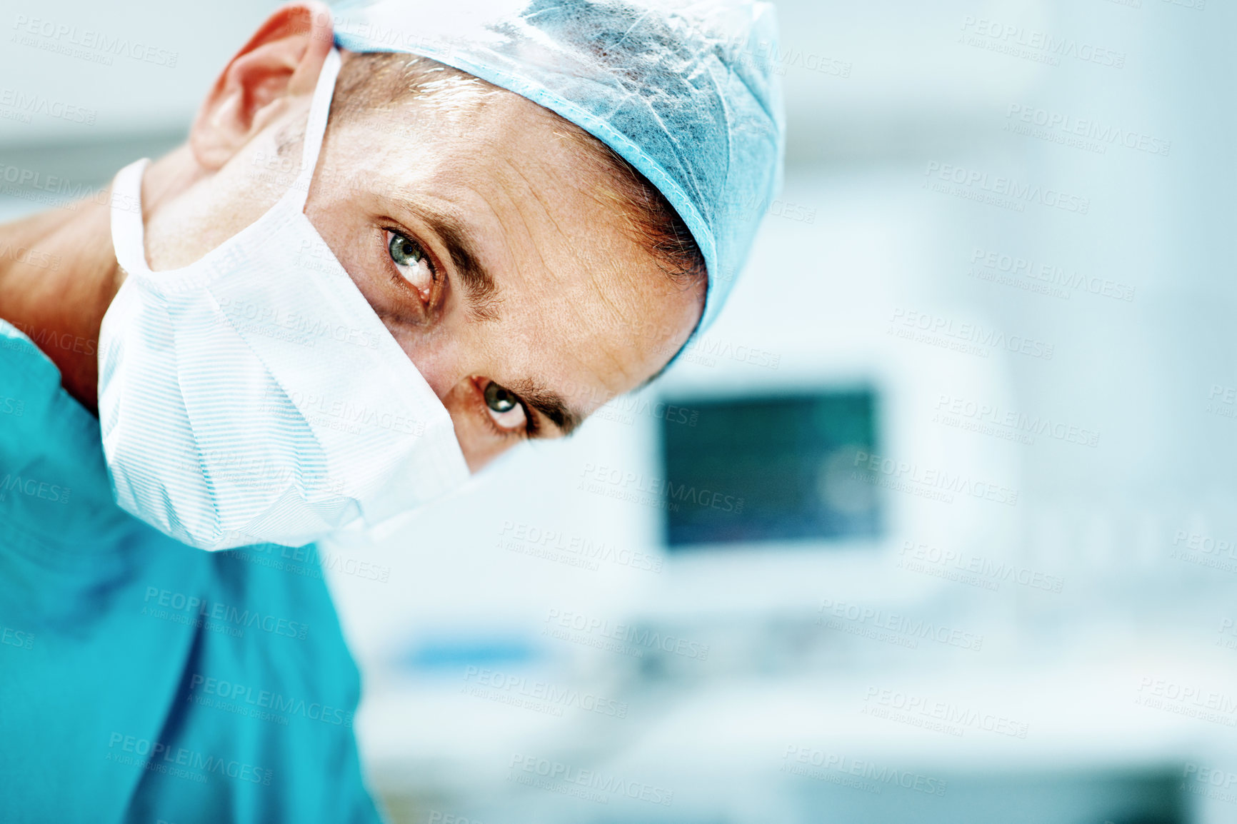 Buy stock photo Surgery, medical and portrait of person in hospital for operation, emergency room and accident. Healthcare treatment, face mask and procedure with doctor in clinic for surgeon, career and help
