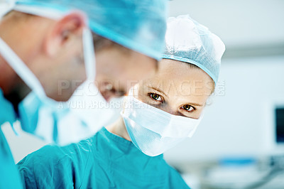 Buy stock photo Surgery, medical and portrait with person in operating room for transplant emergency, help or rescue. Healthcare, accident or procedure with doctor in theater of hospital for organ graft and surgeon