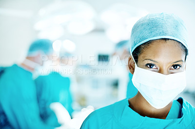 Buy stock photo Doctor, portrait and face mask with person in operating room for transplant emergency, help or rescue. Healthcare, accident or procedure with surgeon in theater of clinic for organ graft and surgery