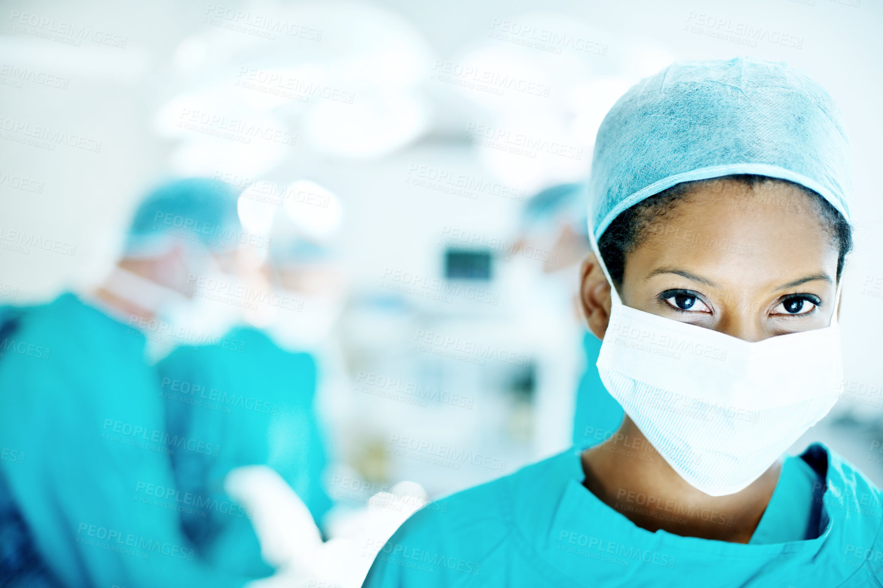 Buy stock photo Doctor, portrait and face mask with person in operating room for transplant emergency, help or rescue. Healthcare, accident or procedure with surgeon in theater of clinic for organ graft and surgery