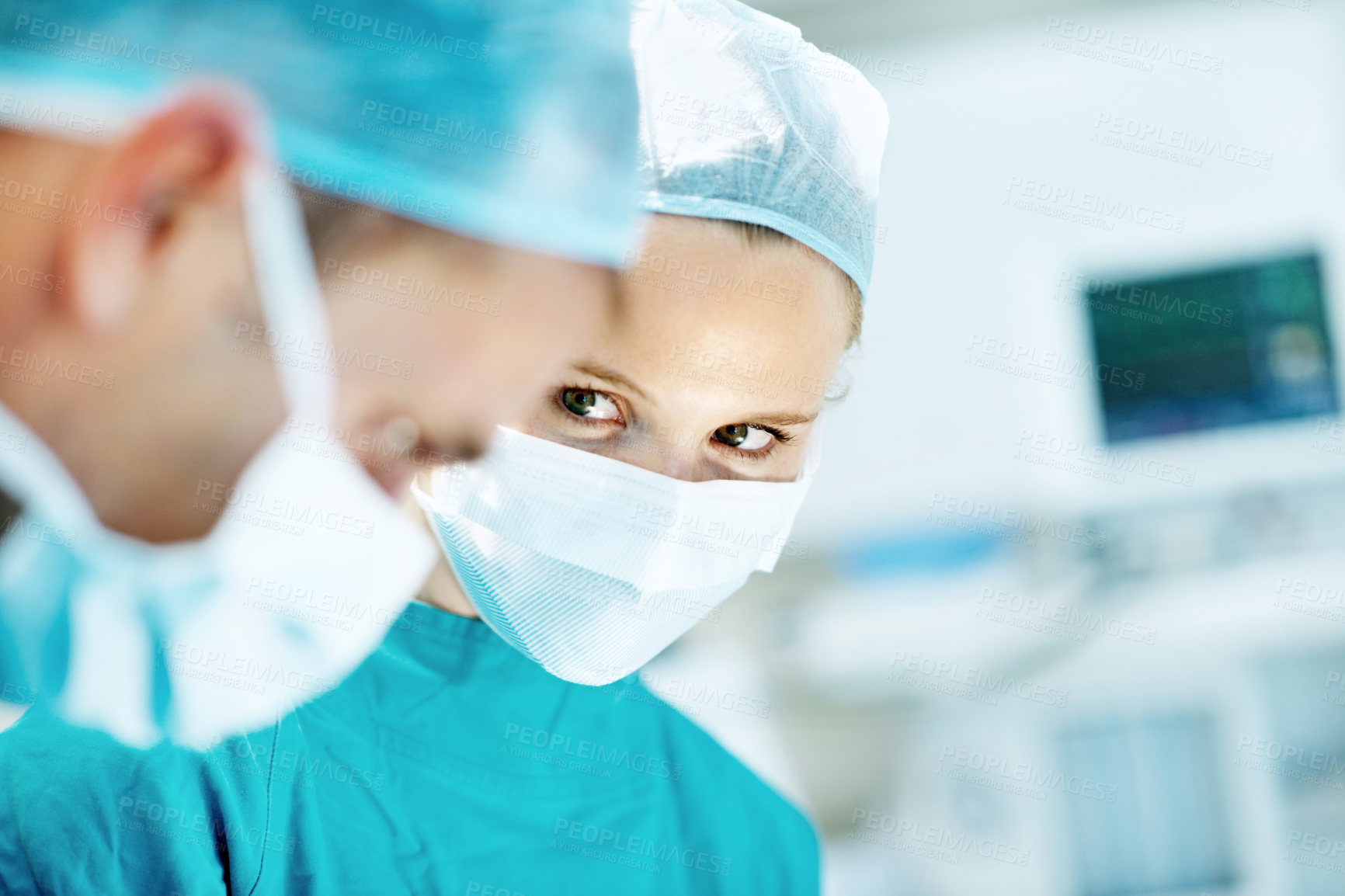 Buy stock photo Surgery, medical and doctor with woman in operating room for transplant emergency, help or rescue. Healthcare, accident or procedure with people in theater of hospital for organ graft and surgeon