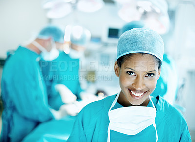 Buy stock photo Happy, surgery and portrait of woman in operating room for medical treatment, emergency and help. Collaboration, healthcare and surgeon or doctors in clinic for accident, operation and procedure