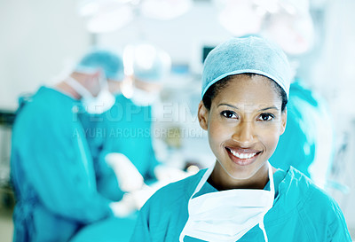 Buy stock photo Smile, surgery and portrait of woman in operating room for medical treatment, emergency and help. Collaboration, healthcare and surgeon or doctors in clinic for accident, operation and procedure
