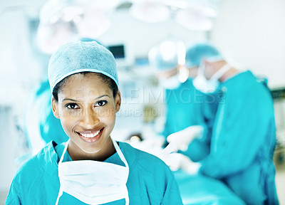 Buy stock photo Team, surgery and portrait of woman in operating room for medical treatment, emergency and help. Collaboration, healthcare and surgeon with doctors in clinic for accident, operation and procedure