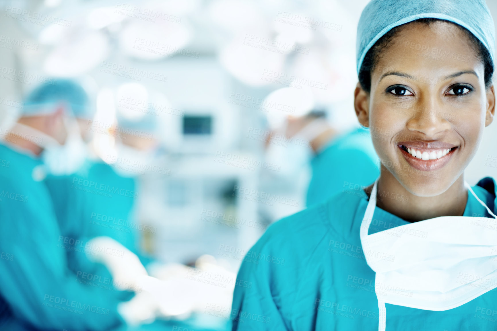 Buy stock photo Space, surgery and portrait of woman in operating room for medical treatment, emergency and help. Collaboration, healthcare and surgeon or doctors in clinic for accident, operation and procedure