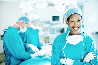 Buy stock photo Arms crossed, surgery and portrait of woman in operating room for medical treatment, emergency and help. Collaboration, healthcare and surgeon or doctors for accident, operation and procedure